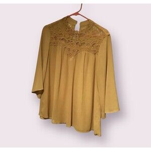 Self Esteem Semi Sheer Laced Neckline Mid Sleeve Top Yellow Size XL